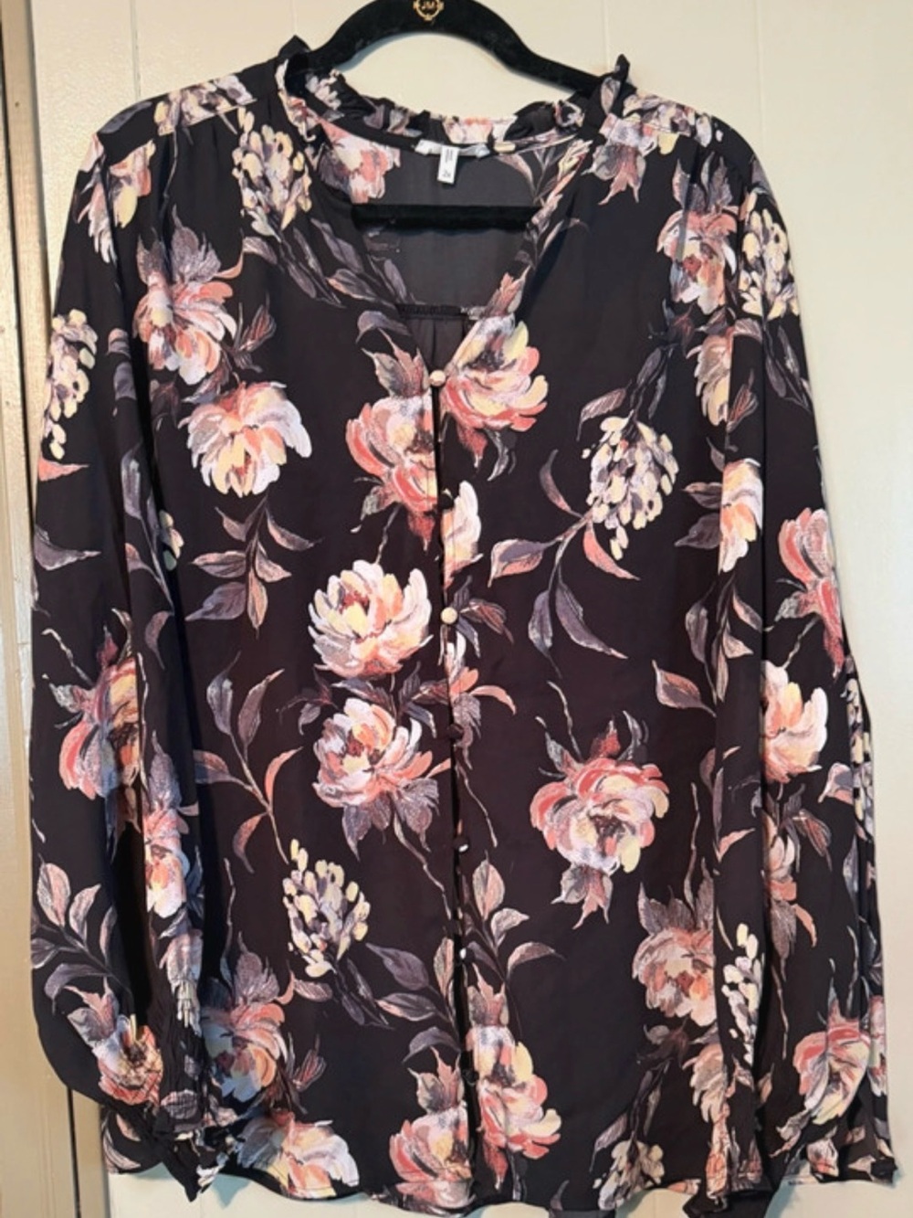 Maurices Black Floral Button-Front Blouse with Pink Accents